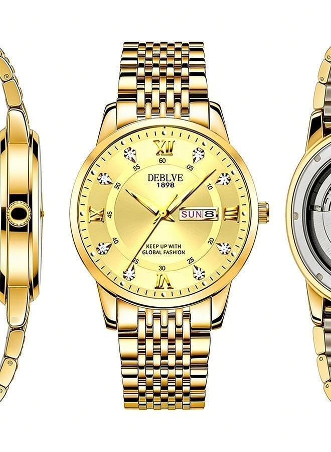 ديبلفي ساعة ذهبية للرجال,ساعة يد للرجال، ساعة رجالية عصرية للأعمال مزودة بعقارب مضيئة، ساعة يد من الفولاذ المقاوم للصدأ، ساعة كوارتز مع عرض اليوم والتاريخ، باللون الذهبي - Image 2